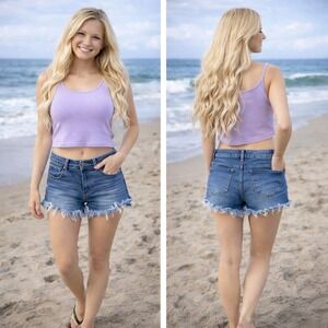 KanCan High Rise Frayed Hem Denim Shorts Blue Distressed Size 7 27